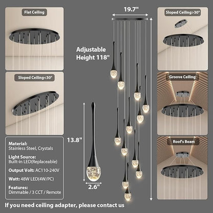 Raindrop Crystal Chandelier High Ceiling: 12 Lights Dimmable LED With Remote - Large Long Modern Bubble Hanging Pendant Light Fixture Spiral Chandeliers for Living Room Staircase Entryway Foyer Black