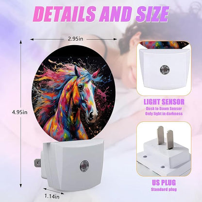 Colorful Horse Night Light Night Lights LED Lamp Round Plug into Wall Nightlight with Dusk to Dawn Sensor Home Hallway Stairway Kitchen Decor