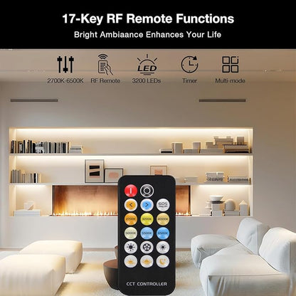 COB LED Strip Lights, Tunable White 2700K-6500K COB Light Strip with RF Remote, 3040 LEDs, CRI90+, 24V Adapter, Dimmable High Density Uniform LED Lights for Bedroom, Kitchen, Cabinet, 16.4ft