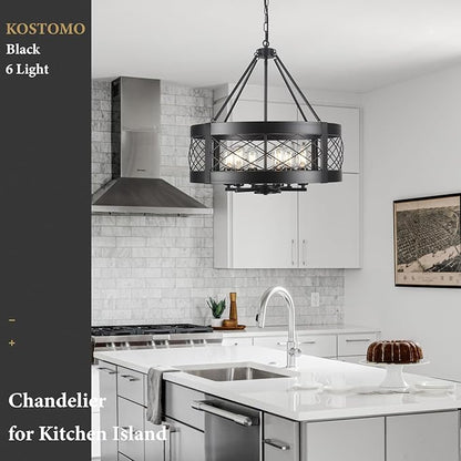 Black Chandelier 6-Light Adjustable Farmhouse Chandelier Dining Room Light Fixture Kitchen Island Lighting Drum Rustic Hanging Lights for Entryway Foyer Bedroom Living Room