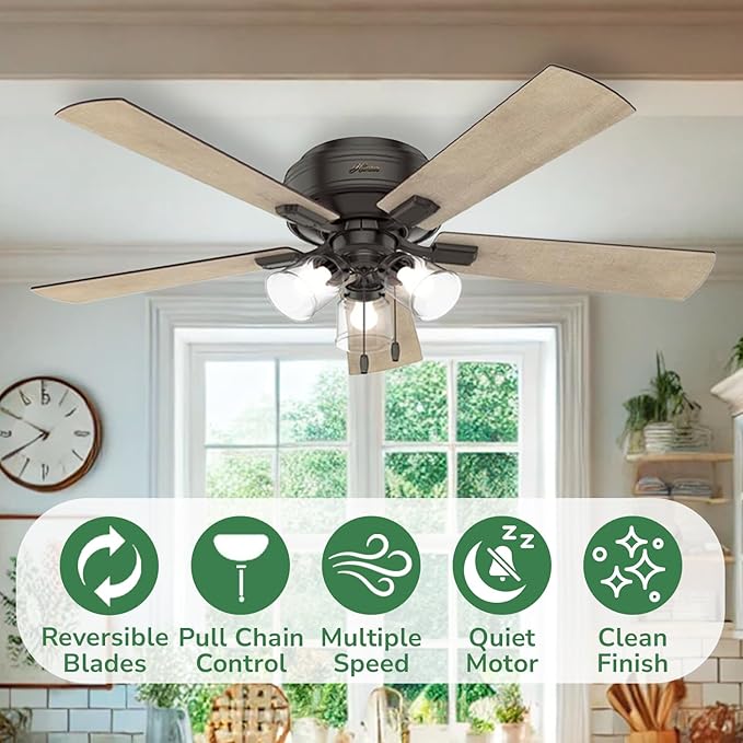 Hunter Crestfield Indoor Low Profile Ceiling Fan with LED Light and Pull Chain Control
