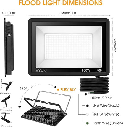 XYCN 3 Pack 100W LED Flood Light, IP66 Waterproof Outside Flood Light, 11500LM Super Bright Outdoor Security Lights, 5000K Daylight White Floodlight for Yard Garden Playground Basketball Court Patio