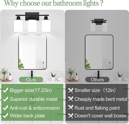 MOKATNG 3-Light Bathroom Light Fixtures, Vanity Light with Milky White Shades, Matte Black Bathroom Light Fixtures Over Mirror, Modern Bathroom Wall Lamp for Mirror Living Room Cabinet Bedroom