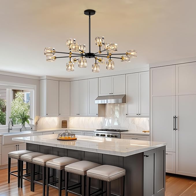 16-Light Black Crystal Chandelier Modern Sputnik Chandeliers for Dining Room Adjustable Height Sputnik Ceiling Light Fixture for Living Room Kitchen Island Bedroom