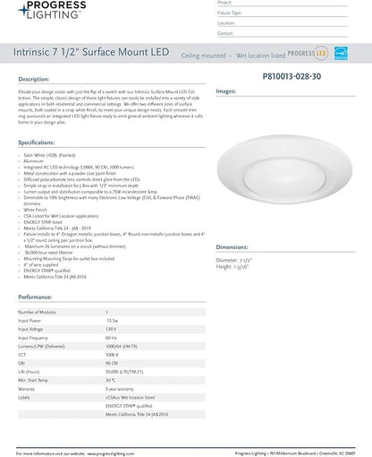 Progress Lighting 7-1/4" Surface Mount LED, Intrinsic Collection, Indoor & Outdoor, P810013-028-30, Satin White
