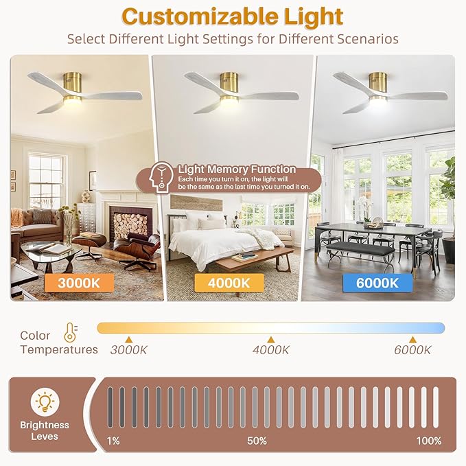 CACI Mall 52 Inch Wood Flush Mount Ceiling Fan with Lights, 3 Blades, Low Profile, Modern, 3CCT, Dimmable, Noiseless, Remote Contral, Outdoor Indoor Ceiling Fans for Bedroom/Farmhouse/Patio