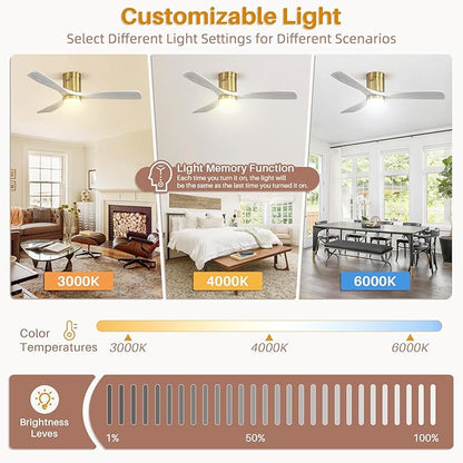 CACI Mall Smart 52 inch Wood Flush Mount Ceiling Fans with Lights and Remote, 3 Blades, Low Profile, Modern, Compatible with Alexa/Google/App, Outdoor Indoor Ceiling Fans for Bedroom/Farmhouse/Patio