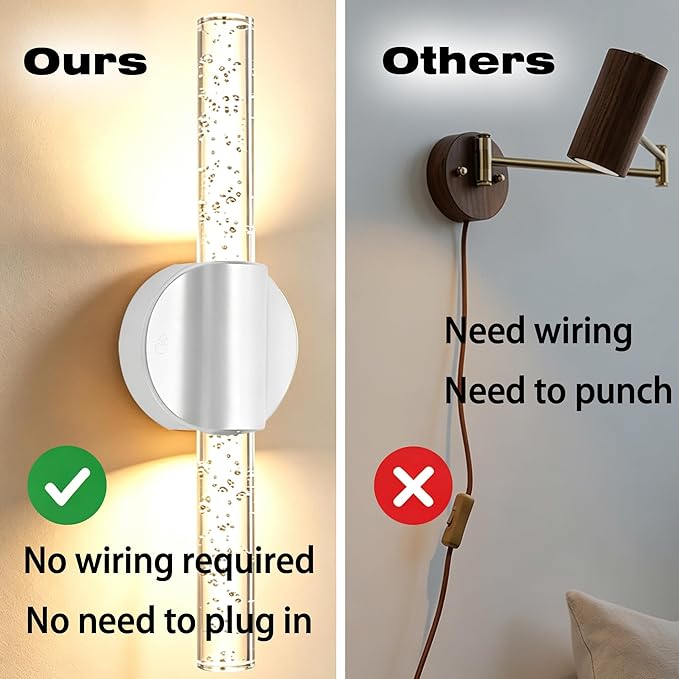 Battery Operated Wall Sconces Set of 2, Rechargeable Wall Lights with Remote Control & Dimmable, Wireless Wall Lamp Fixtures Not Hardwired for Bedroom Living Room Hallway (5400mAh, White)