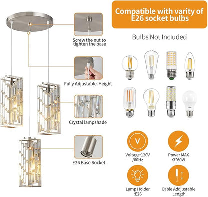 Brushed Nickel Pendant Lighting Modern Pendant Light, Mini Crystal Chandeliers,Adjustable Pendant Light Fixture for Kitchen Island Dinning Room Bedroom (3 Light)
