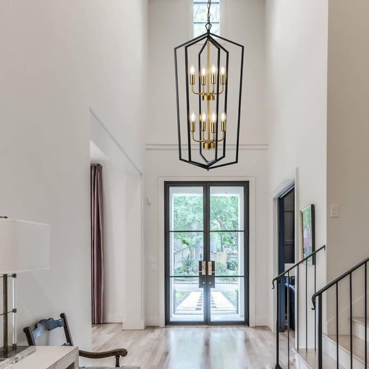Lanhall 8-Light Lantern Tired Farmhouse Ceiling Hanging Light Black Chandelier Metal Modern Pendant Light Fixtures for Kitchen Island Dining Room Living Room Foyer Entryway-Brushed Brass