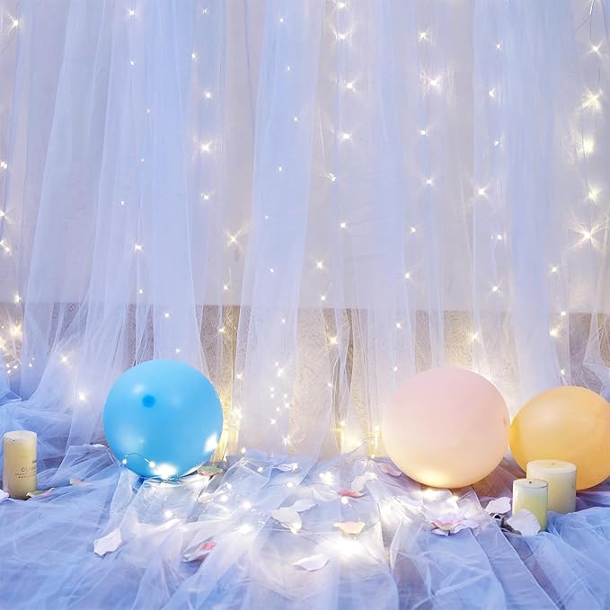 Baby Blue Sheer Tulle Backdrop Curtains with Lights String for Parties Baby Shower Decorations for Boy Bridal Shower Birthday Party Photo Shoot Background Wall Decorations 10×8ft(2 Panels 5×8ft)