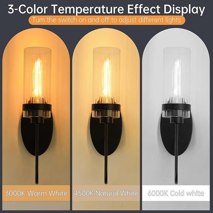 Bathroom Sconces Set of 2, Black Farmhouse Wall Sconce with Clear Glass Shade, Vanity Lights for Bathroom, Living Room, Bedroom, Hallway, Stairwell and Kitchen