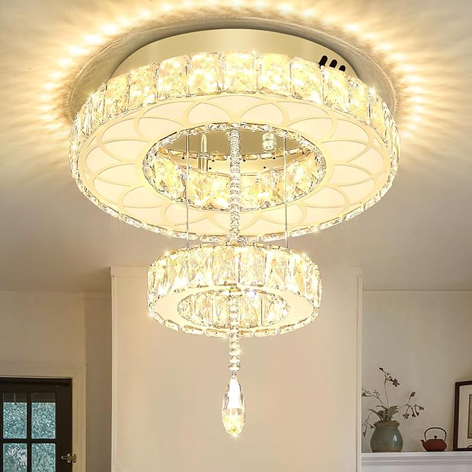 Flashing God Dia 16" Modern Crystal Chandeliers Flush Mount Chandelier Dimmable LED Light Crystal Ceiling Light for Hallway Bedroom Living Room Dining Room Gold