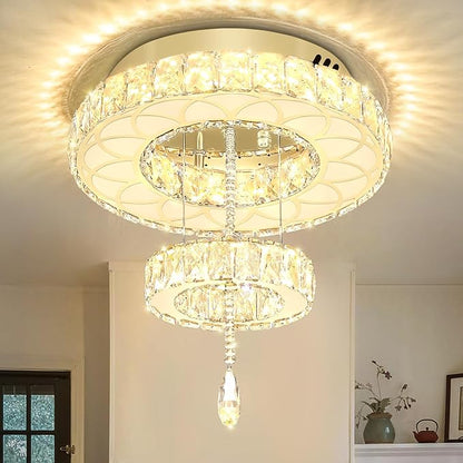 Flashing God Dia 16" Modern Crystal Chandeliers Flush Mount Chandelier Dimmable LED Light Crystal Ceiling Light for Hallway Bedroom Living Room Dining Room Gold