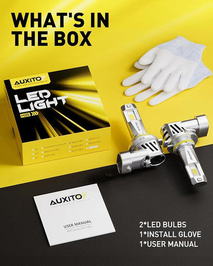 AUXITO 9005 HB3 Light Bulbs, 6500K Cool White, 50000 Lumens Per Set, 900% Brighter than Halogen, 50000 Hours Lifespan, Pack of 2