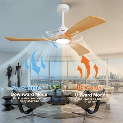 Ceiling Fan with Light 52 inch,Remote Control,Wall Switch,Solid Wood Blades,Dimmable,Reversible Quiet DC Motor,Power Off Memory Modern White Ceiling Fan for Bedroom Patio Indoor/Outdoor Use