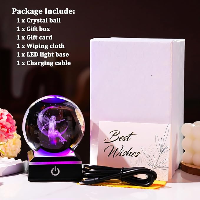 Arikyrist 3D Crystal Ball Moon Fairy Figurine with Colorful LED Base, Fairy Gifts for Women Girls on Christmas Birthday, Fairy Statue Glass Globe Decorative Ball for Home Decor (80mm)