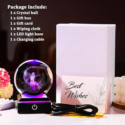 Arikyrist 3D Crystal Ball Moon Fairy Figurine with Colorful LED Base, Fairy Gifts for Women Girls on Christmas Birthday, Fairy Statue Glass Globe Decorative Ball for Home Decor (80mm)