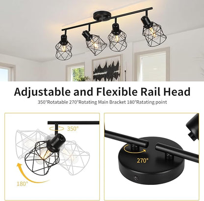 WILON Track Lighting Fixtures Ceiling 4-Light Flush Mount Ceiling Spot Lights, Industrial Track Light Black Kitchen Light Fixtures Rotatable Spotlight for Kitchen Hallway Living Room (E26 Base)