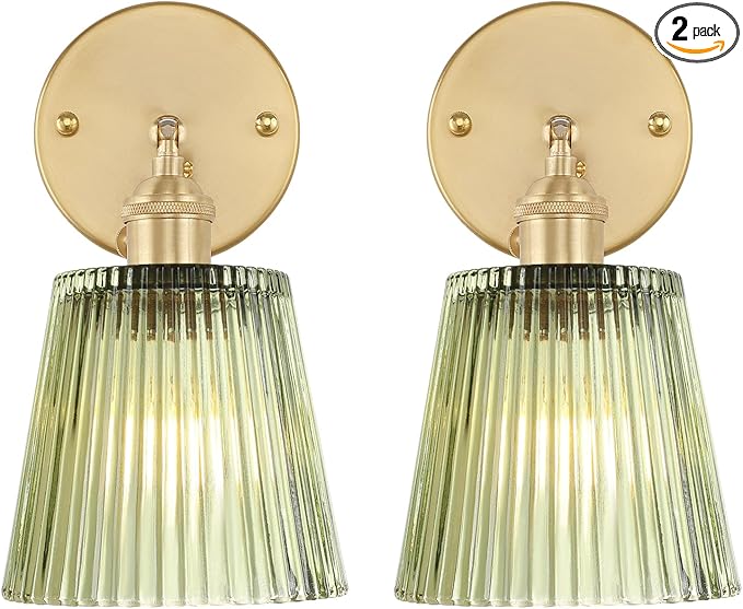 Shenmoyl Vintage Wall Sconces Set of 2 with Green Stripe Glass Lampshade 180 Degree Adjustable Brass Sconces Hradwired Modern Wall Lighting Fixture with Switch for Bedside Bedroom Doorway
