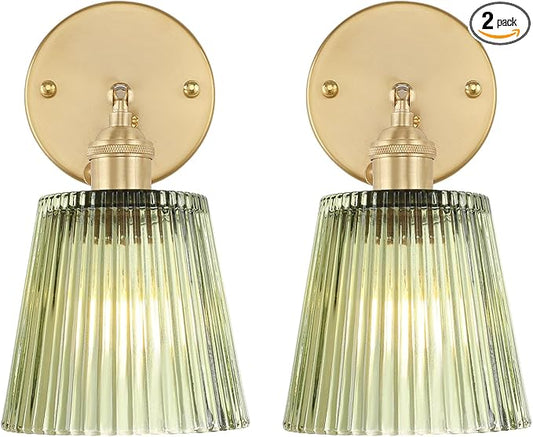 Shenmoyl Vintage Wall Sconces Set of 2 with Green Stripe Glass Lampshade 180 Degree Adjustable Brass Sconces Hradwired Modern Wall Lighting Fixture with Switch for Bedside Bedroom Doorway