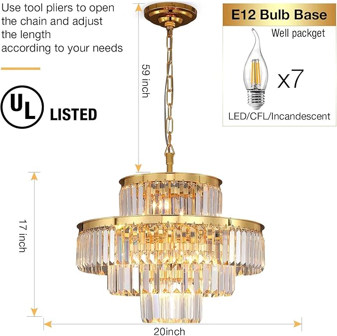 Modern Style Crystal Chandeliers & LightsRound Hanging Classic, Pendant Ceiling Chandelier Lighting Fixture 4-Tier for Dining Room Living Room(Gold Orange,20 inch)