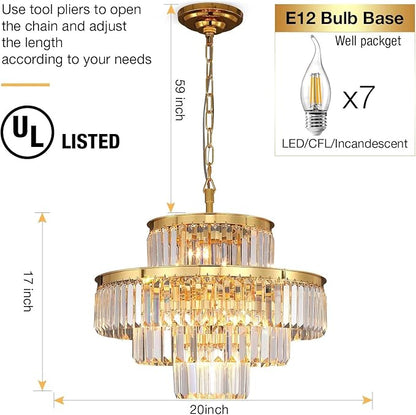 Modern Style Crystal Chandeliers & LightsRound Hanging Classic, Pendant Ceiling Chandelier Lighting Fixture 4-Tier for Dining Room Living Room(Gold Orange,20 inch)