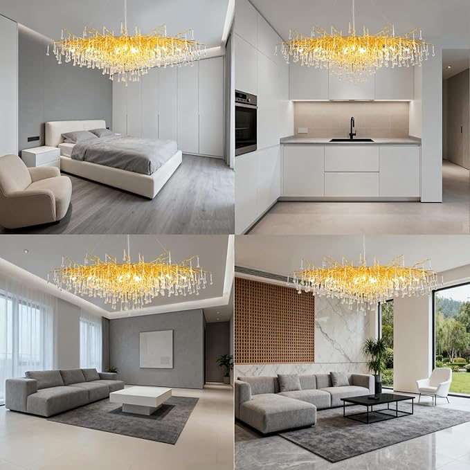 Gold Chandeliers for Dining Room Crystal Tree Branch Chandelier,47.24 Inch Modern Raindrop Chandeliers,Oval Dining Table Chandelier for Living Room,Entryway