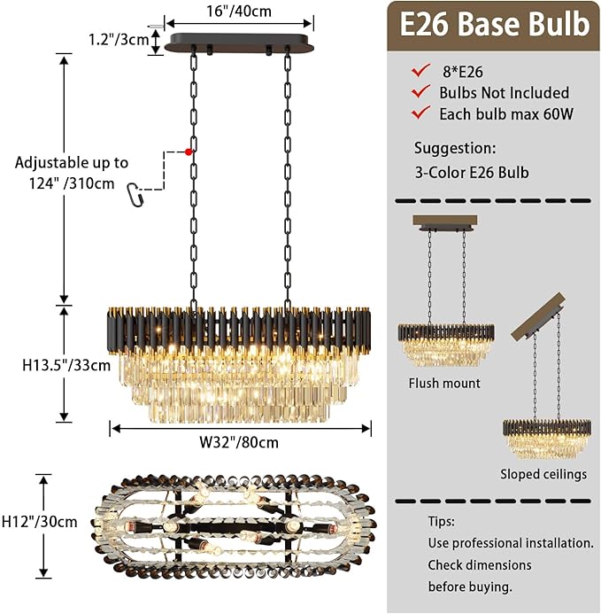31.5" 8-Light Modern Black Gold K9 Crystal Chandelier, Luxury Rectangular Raindrop Pendant Light with Adjustable Chain, Hanging Chandeliers for Dining Room, Kitchen Island, Living Room