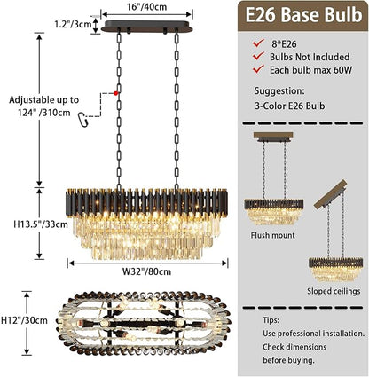 31.5" 8-Light Modern Black Gold K9 Crystal Chandelier, Luxury Rectangular Raindrop Pendant Light with Adjustable Chain, Hanging Chandeliers for Dining Room, Kitchen Island, Living Room
