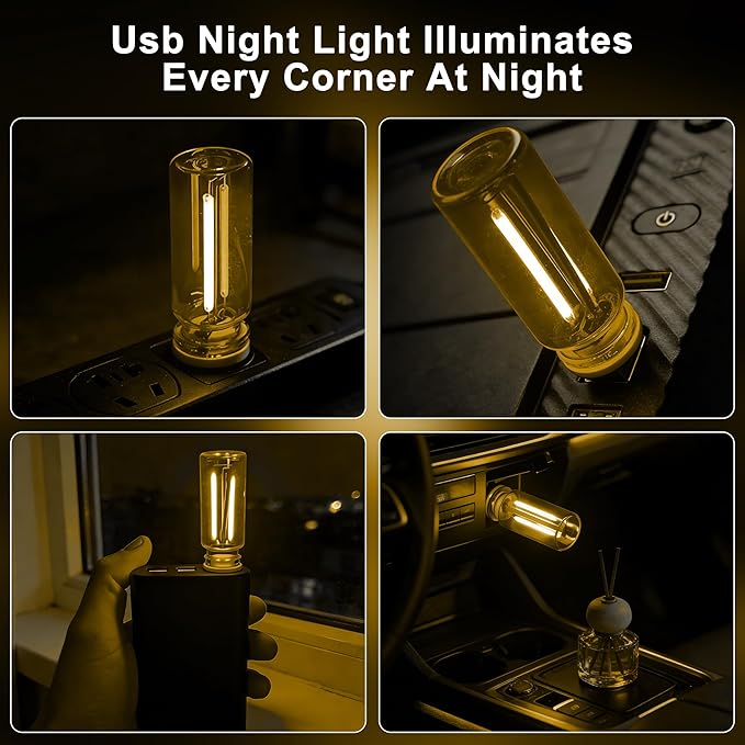 2 Packs USB Light for Car, Touch Dimmable Car Interior Ambient Lights - Portable Mini USB LED Light Bulb, Retro Glass Bottle Night Light for Vehicle, Bedroom, Hallway, Camping(Yellow)