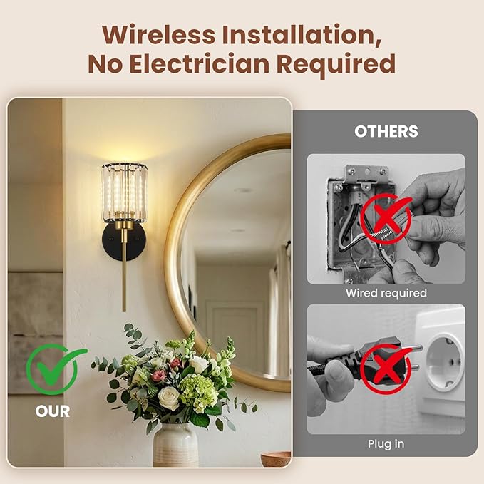 Crystal Battery Operated Wall Sconces, BlackGold Rechargeable Wireless Wall Sconce Lights with Dimmable Bulbs and Remote, 12 Colors and 3CCT Dimmable Crystal Wall Lamps for Living Bedroom