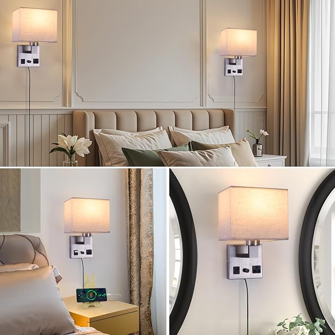 Bedside Wall Lamp for Bedroom, Plug in Wall Sconce - Dimmable Switch with AC Outlet & USB Charging Port, Fabric Shade, Black Wall Mounted Light for Living Room, Hotel (Satin Nickel)