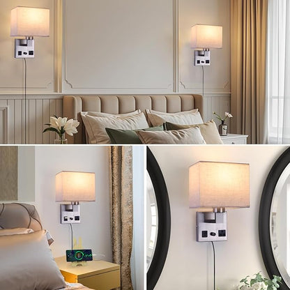 Bedside Wall Lamp for Bedroom, Plug in Wall Sconce - Dimmable Switch with AC Outlet & USB Charging Port, Fabric Shade, Black Wall Mounted Light for Living Room, Hotel (Satin Nickel)