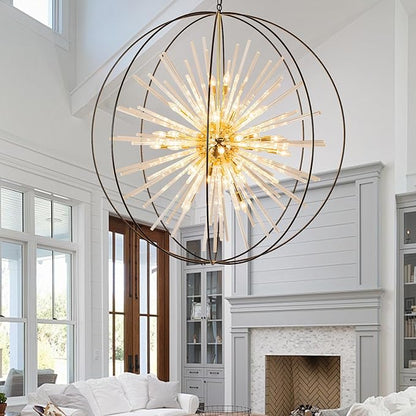 Vezzio 52" Extra Large Globe Chandelier for High Ceilings 32-Light Modern Black and Gold Modern Crystal Pendant Light Fixture for Entryway, Foyer, Stairway, Kitchen, Dining, and Living Room