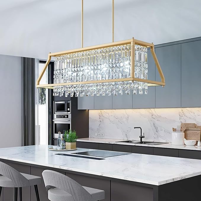 LMQNINE Chandeliers for Dining Room, 4-Light Trapezoidal Industrial Dining Room Light Fixture Farmhouse Chandelier Crystal Pendant Lights Kitchen Island Living Room (Gold 35.43 inch)