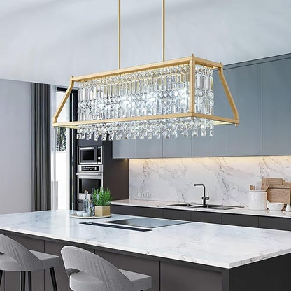 LMQNINE Chandeliers for Dining Room, 4-Light Trapezoidal Industrial Dining Room Light Fixture Farmhouse Chandelier Crystal Pendant Lights Kitchen Island Living Room (Gold 35.43 inch)