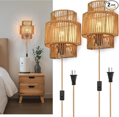 Plug-in Wall Sconces Set of 2, Handwoven Bohemian Wall Decor with Switch, Wall Lights Fixtures for Bedroom Living Room Hallway Porch