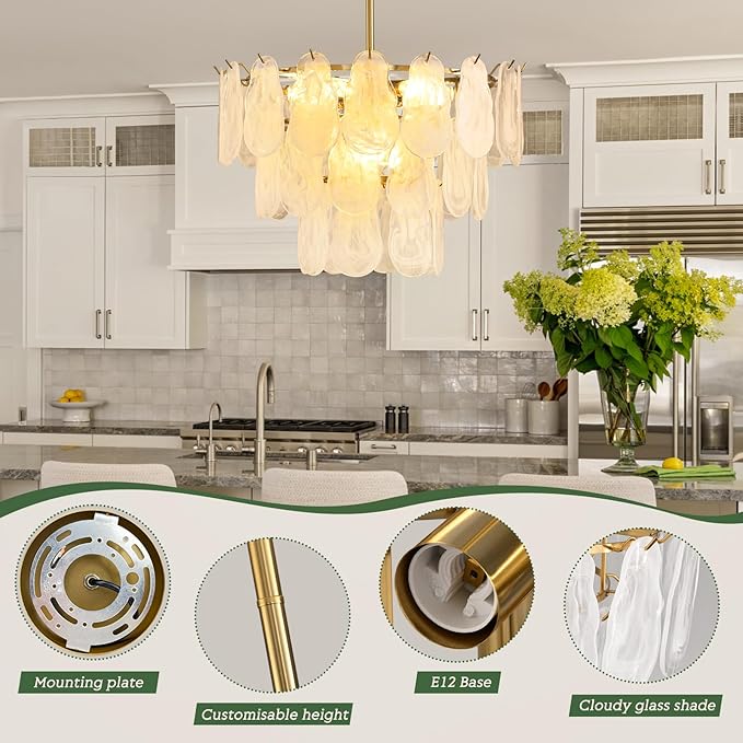 KELUOLY Modern Gold Chandelier Lighting, D23.6 Inch Creative Cloud Glass Pendant Ceiling Fixture Lamp, 3 Tier Round Crystal Glass Chandelier, 9-Light for Living Room Bedroom Dining Room (E12)