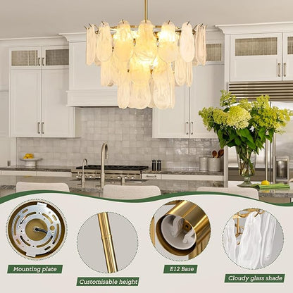 KELUOLY Modern Gold Chandelier Lighting, D23.6 Inch Creative Cloud Glass Pendant Ceiling Fixture Lamp, 3 Tier Round Crystal Glass Chandelier, 9-Light for Living Room Bedroom Dining Room (E12)