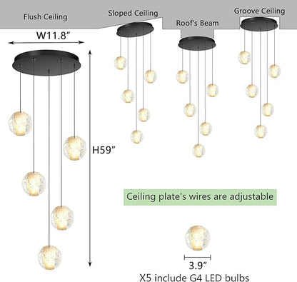 HAIXIANG 5 Lights Globe Chandelier Modern Crystal Glam Light LED Warm Light Pendant Lights for Dining Room Kitchen Island Black Lighting Fixture