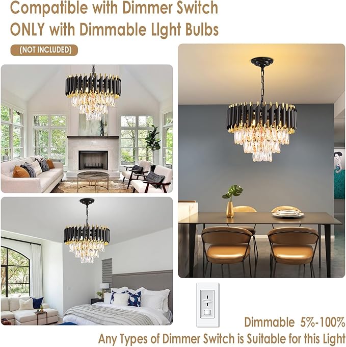 Modern Crystal Chandelier Black and Gold Chandelier 3-Tier Round Chandeliers Pendant Ceiling Light Fixture Flush Mount Chandelier for Dining Room Living Room Bedroom Foyer Hallway Entryway W16"