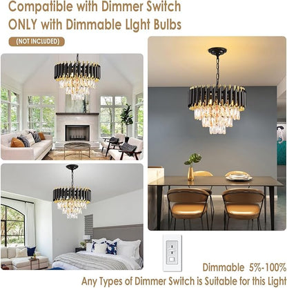 Modern Crystal Chandelier Black and Gold Chandelier 3-Tier Round Chandeliers Pendant Ceiling Light Fixture Flush Mount Chandelier for Dining Room Living Room Bedroom Foyer Hallway Entryway W16"