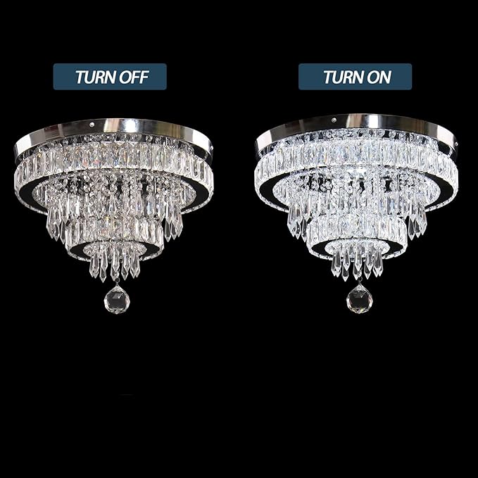 Finktonglan 15.7" Crystal Semi Flush Mount Ceiling Light, 2-Ring LED Crystal Chandelier, Cool White 6500K, Non-Dimmable, Built-in LED for Bedroom Hallway Entryway Dining Room