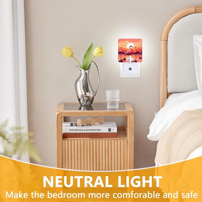 Pink Flamingo Night Light, Plug-into Sunset Nightlight White LED Lamp, Energy Efficient Decor Desk Lamp for Bedroom Hallway Stairs Bathroom