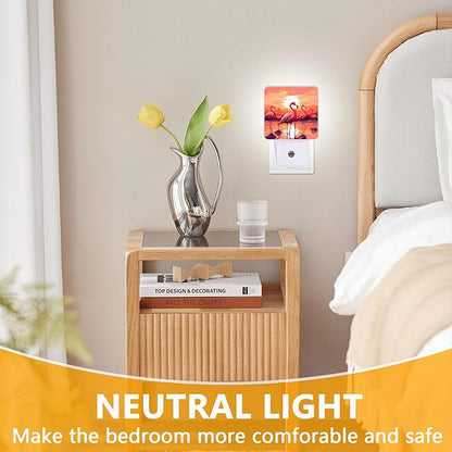 Pink Flamingo Night Light, Plug-into Sunset Nightlight White LED Lamp, Energy Efficient Decor Desk Lamp for Bedroom Hallway Stairs Bathroom