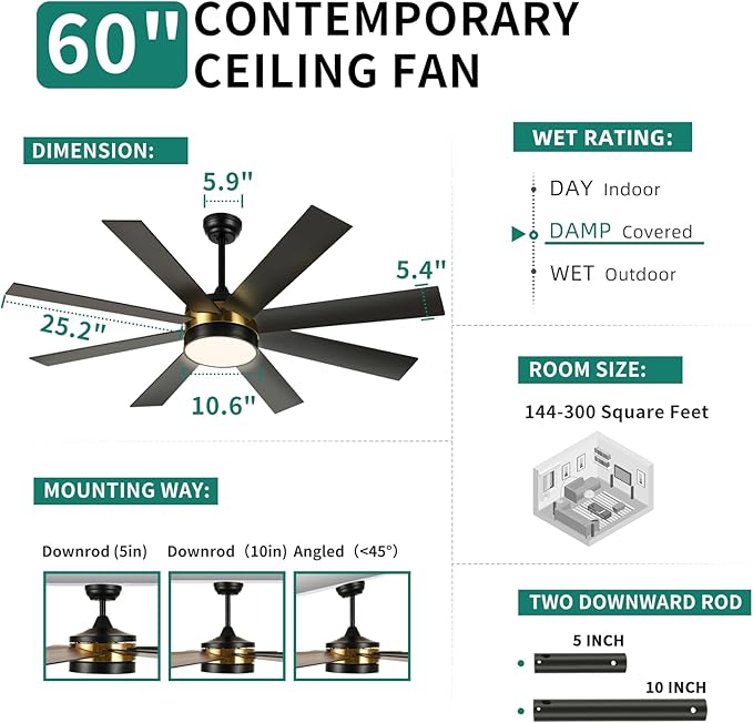 YITAHOME 60 Inch Black Gold Ceiling Fan with Lights and Remote,8 Blades,App Control, Modern Smart Ceiling Fan Compatible with Alexa for Indoor, Reversible Quiet Motor, Memory Function