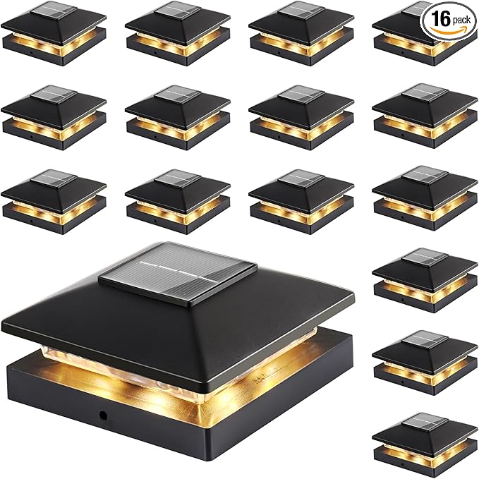 Solar Post Cap Lights Outdoor 16-Pack, Black Waterproof Solar Powered Deck Fence Lights Fit 4x4 Wood/Vinyl Posts, Bright Warm White for Patio, Porch