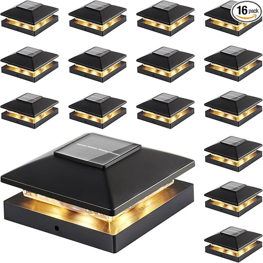 Solar Post Cap Lights Outdoor 16-Pack, Black Waterproof Solar Powered Deck Fence Lights Fit 4x4 Wood/Vinyl Posts, Bright Warm White for Patio, Porch