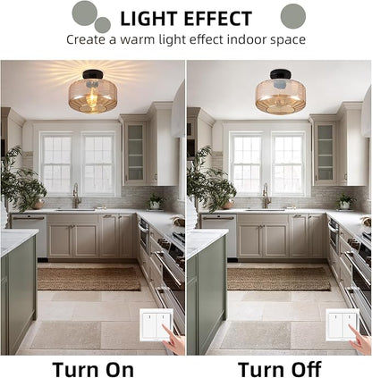 Glass Semi Flush Mount Ceiling Light, Modern Close to Ceiling Light Fixtures with Amber Glass Shade, 11" Round Light Fixtures Ceiling Mount for Bathroom Dining Room Bedroom Living Room Hallway, E26